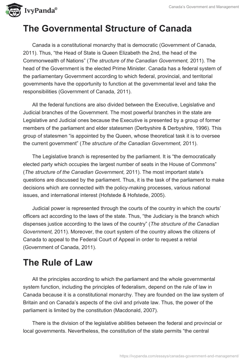 Canada’s Government and Management. Page 2