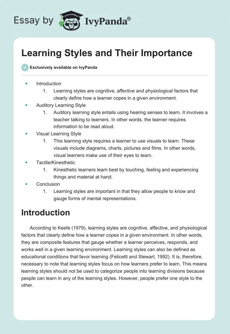 Learning Styles and Their Importance. Page 1