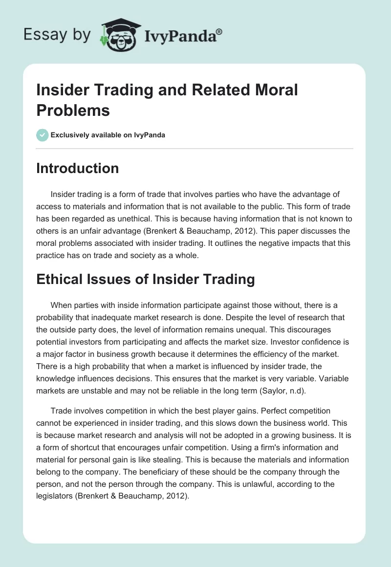 Insider Trading and Related Moral Problems. Page 1