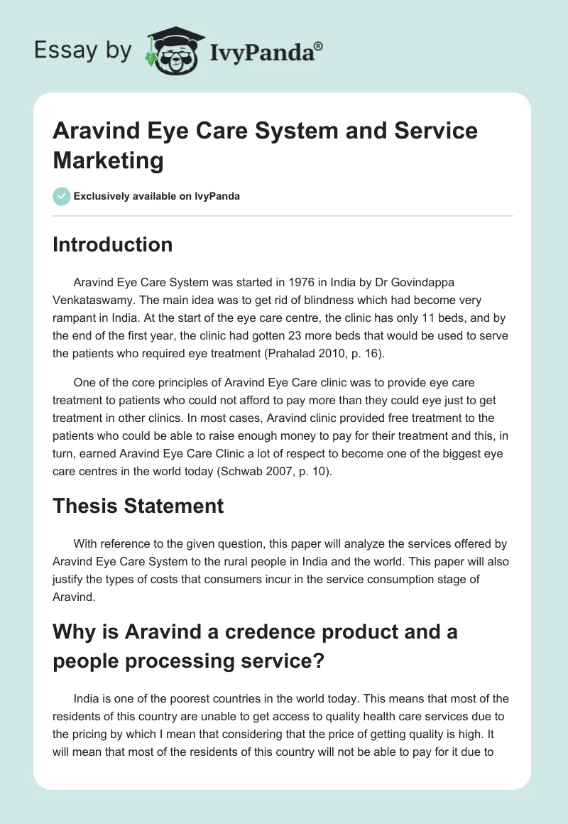 Aravind Eye Care System and Service Marketing. Page 1