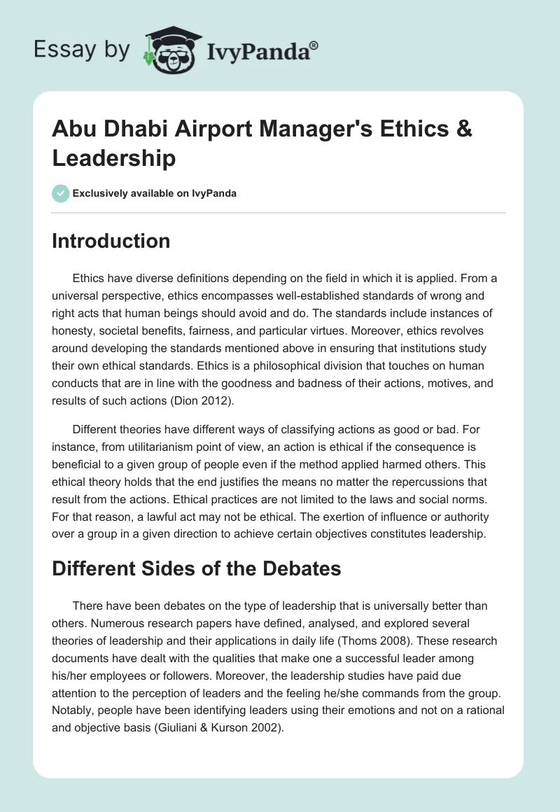 Abu Dhabi Airport Manager's Ethics & Leadership. Page 1