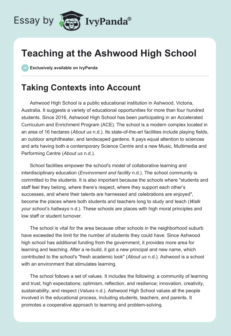 Teaching at the Ashwood High School. Page 1