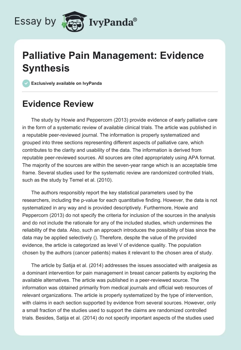 Palliative Pain Management: Evidence Synthesis. Page 1