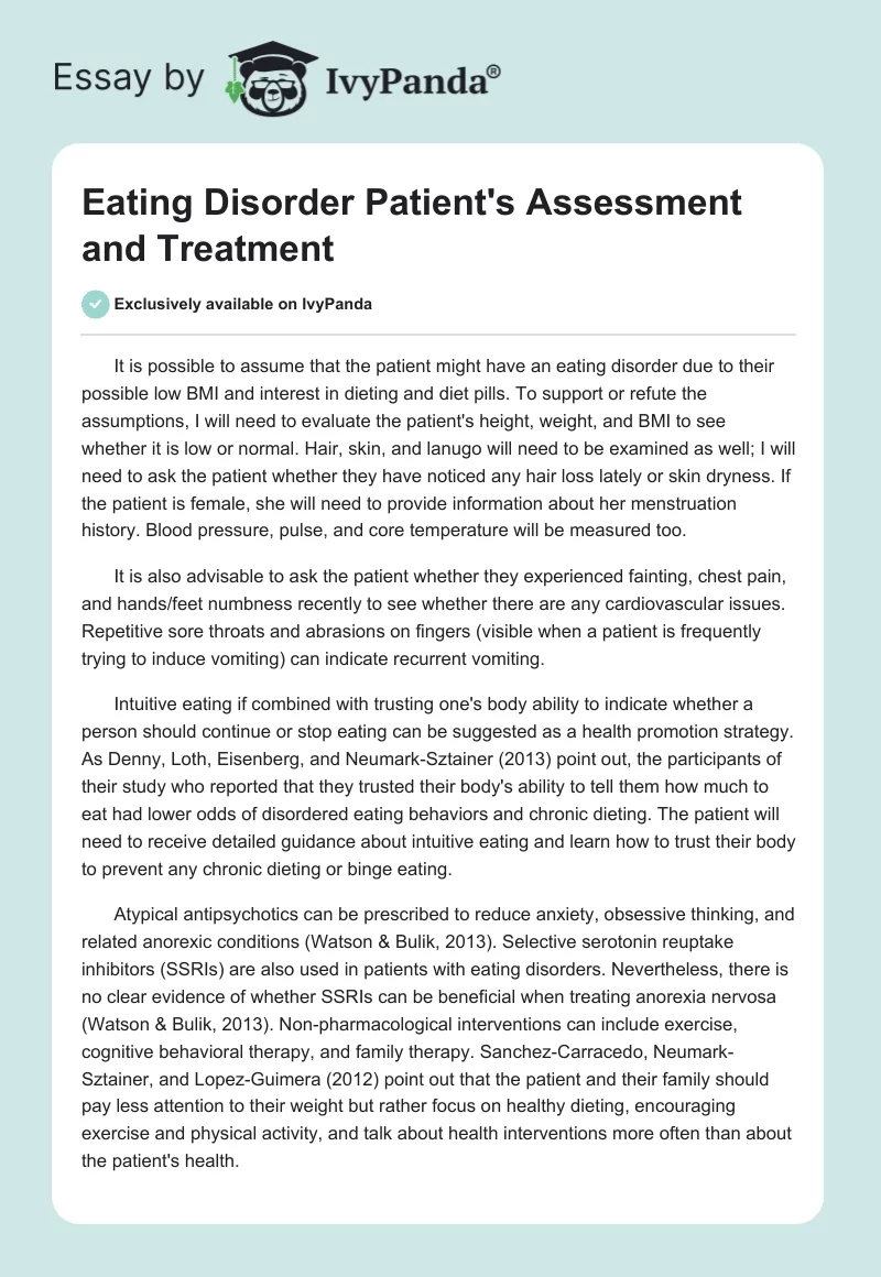 Eating Disorder Patient's Assessment and Treatment. Page 1