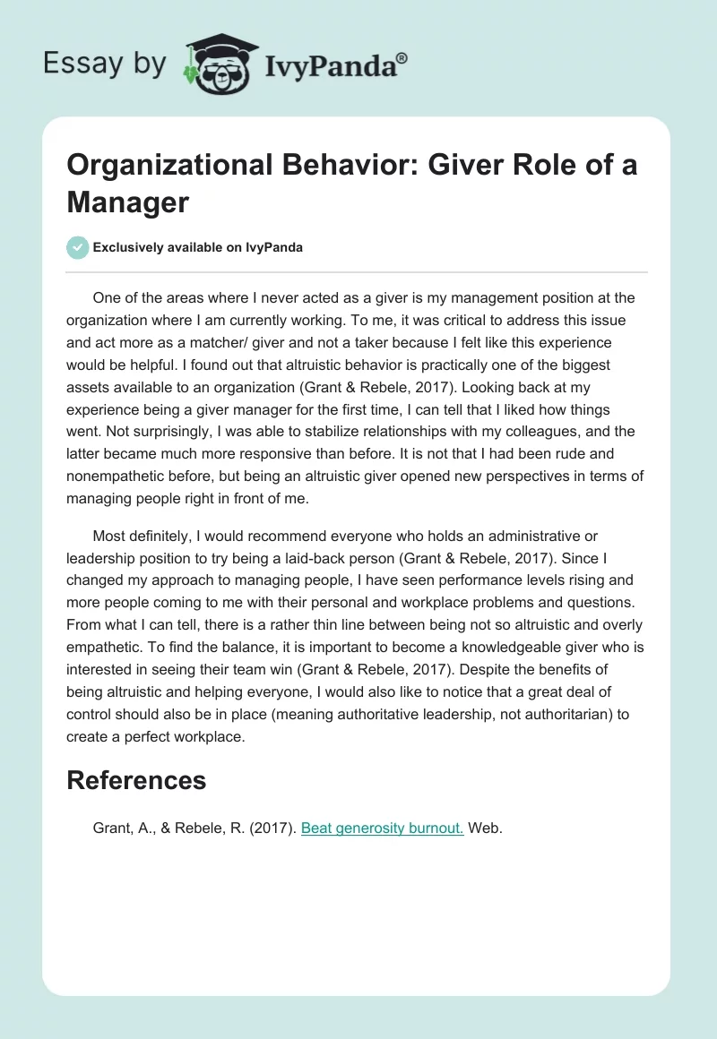 Organizational Behavior: "Giver" Role of a Manager. Page 1