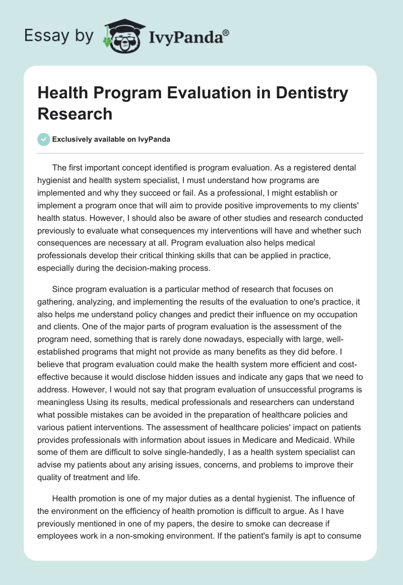 Health Program Evaluation in Dentistry Research. Page 1
