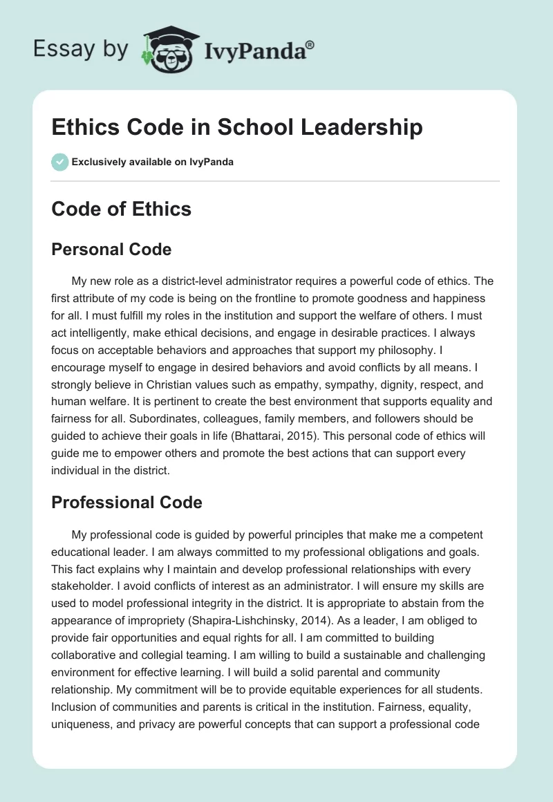 Ethics Code in School Leadership. Page 1