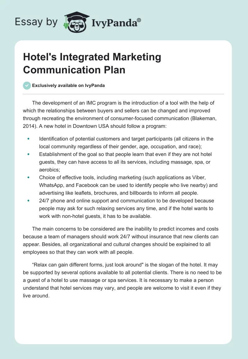 Hotel's Integrated Marketing Communication Plan. Page 1