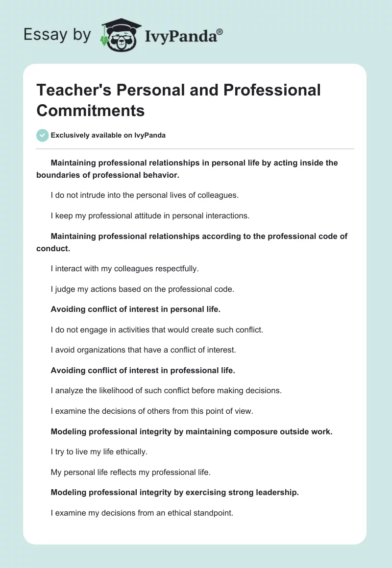 Teacher's Personal and Professional Commitments. Page 1