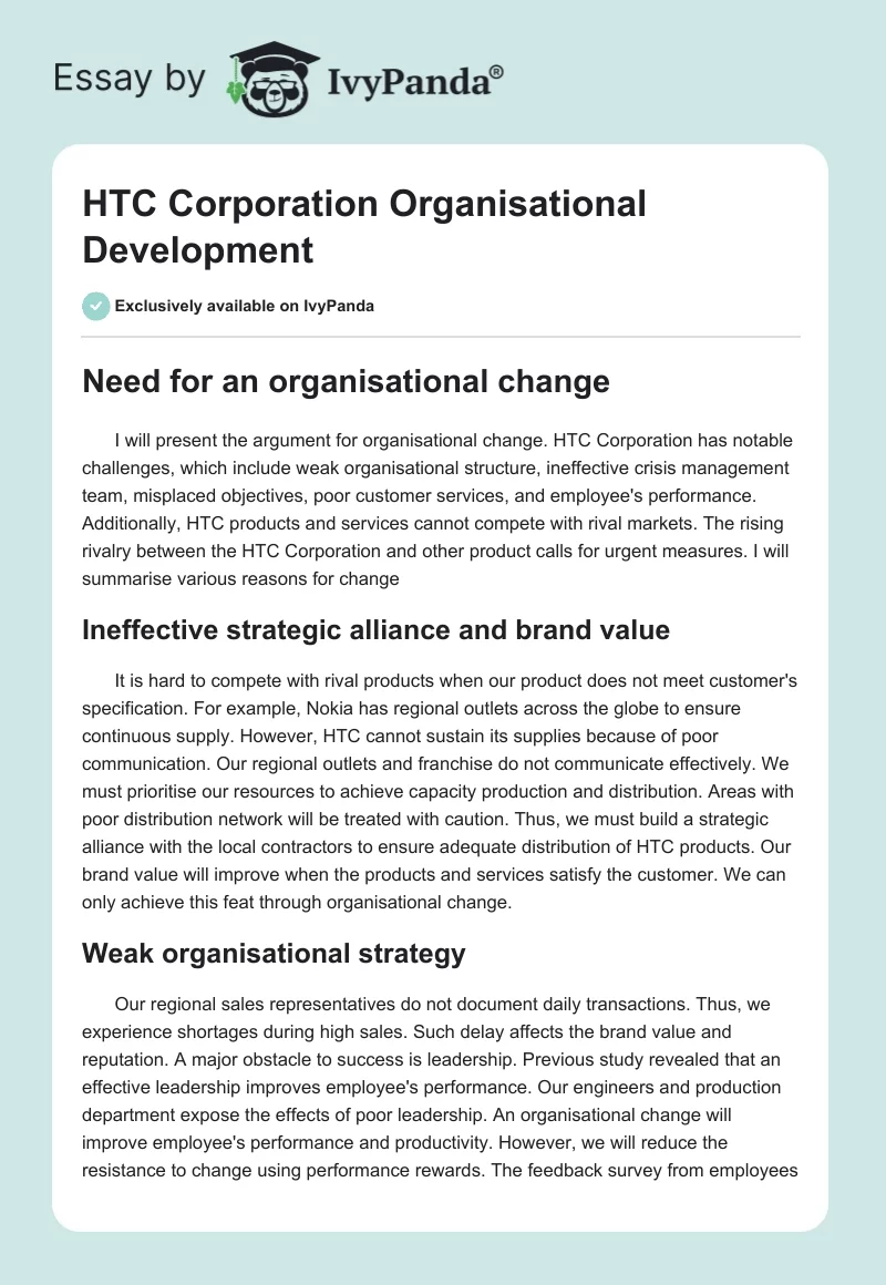 HTC Corporation Organisational Development. Page 1