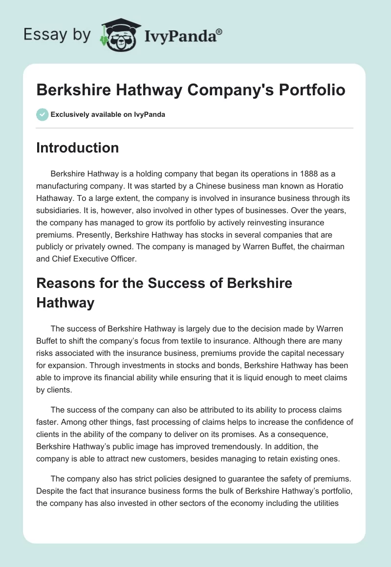 Berkshire Hathway Company's Portfolio. Page 1