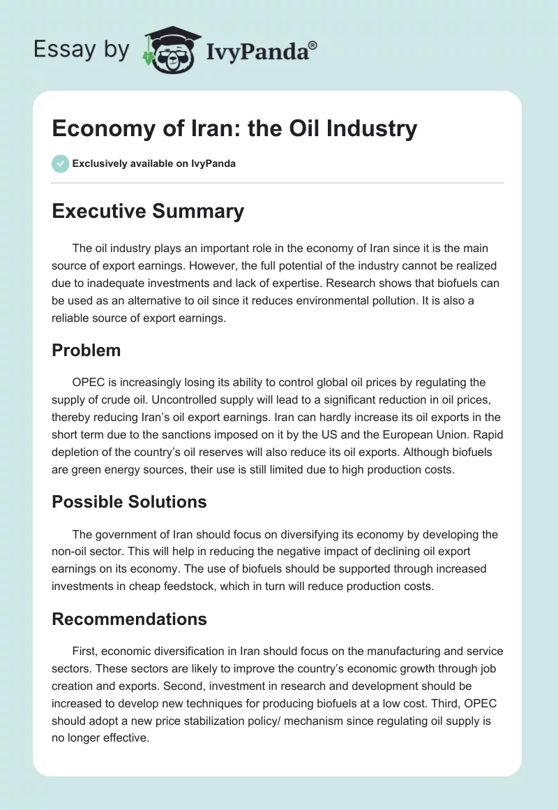 Economy of Iran: the Oil Industry. Page 1