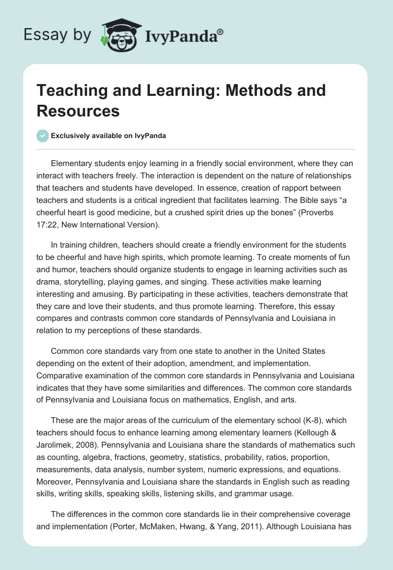 Teaching and Learning: Methods and Resources. Page 1