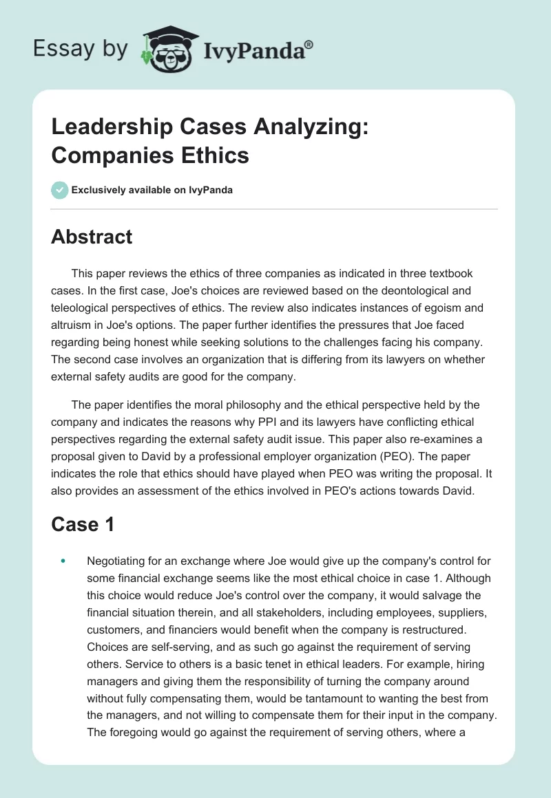 Leadership Cases Analyzing: Companies Ethics. Page 1