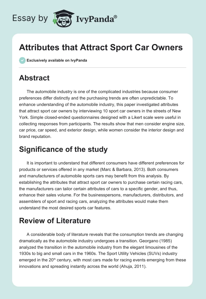 Attributes that Attract Sport Car Owners. Page 1