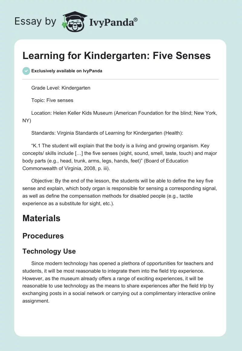 Learning for Kindergarten: Five Senses. Page 1