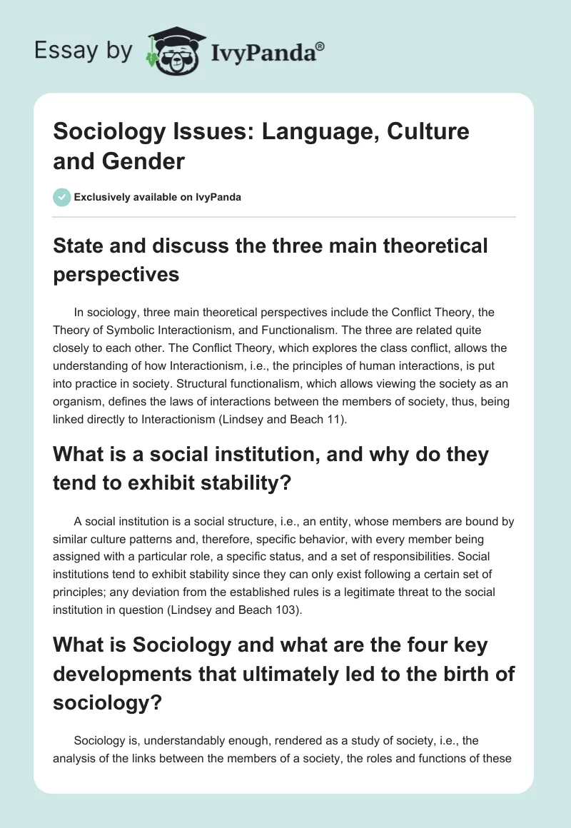Sociology Issues: Language, Culture and Gender. Page 1