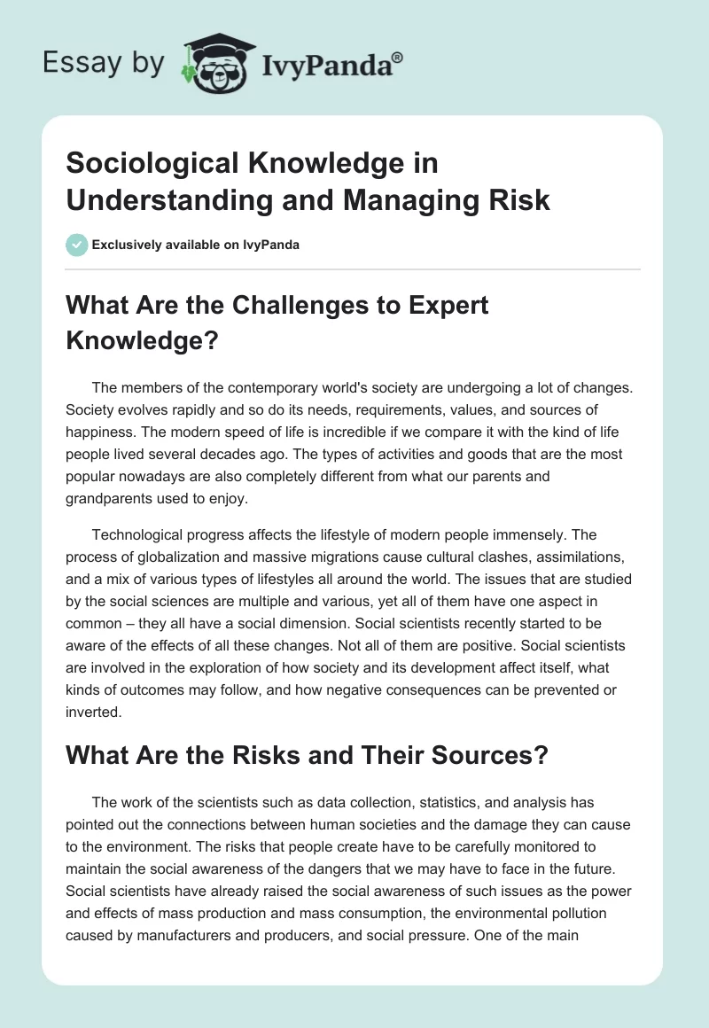 Sociological Knowledge in Understanding and Managing Risk. Page 1