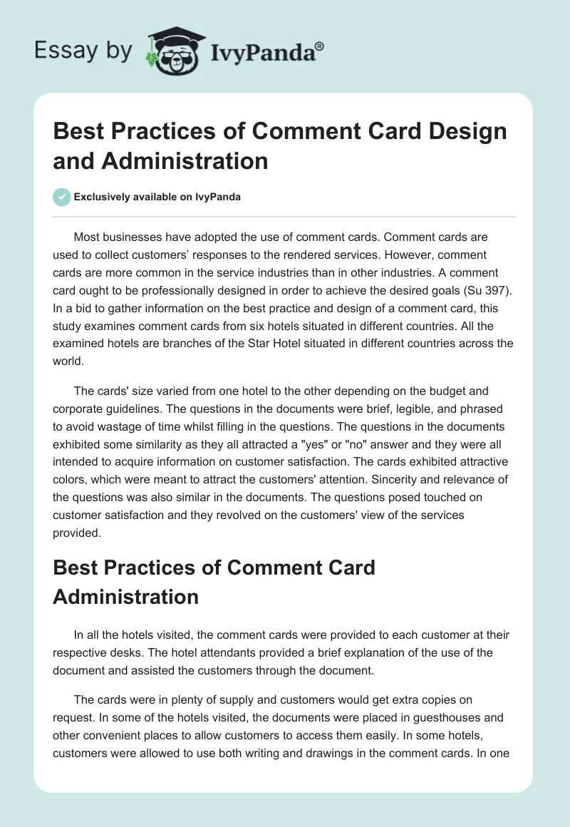Best Practices of Comment Card Design and Administration. Page 1