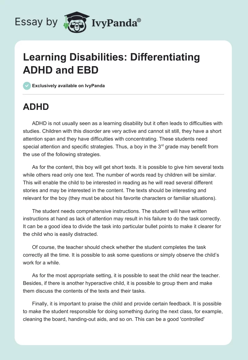 Learning Disabilities: Differentiating ADHD and EBD. Page 1