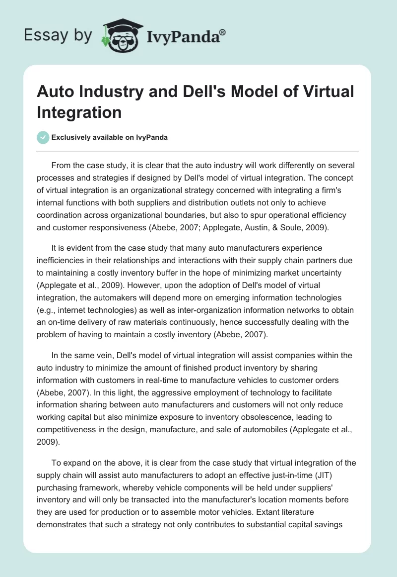 Auto Industry and Dell's Model of Virtual Integration. Page 1