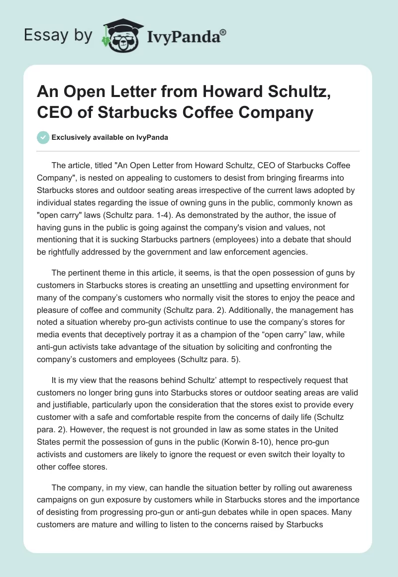 An Open Letter From Howard Schultz, CEO of Starbucks Coffee Company. Page 1