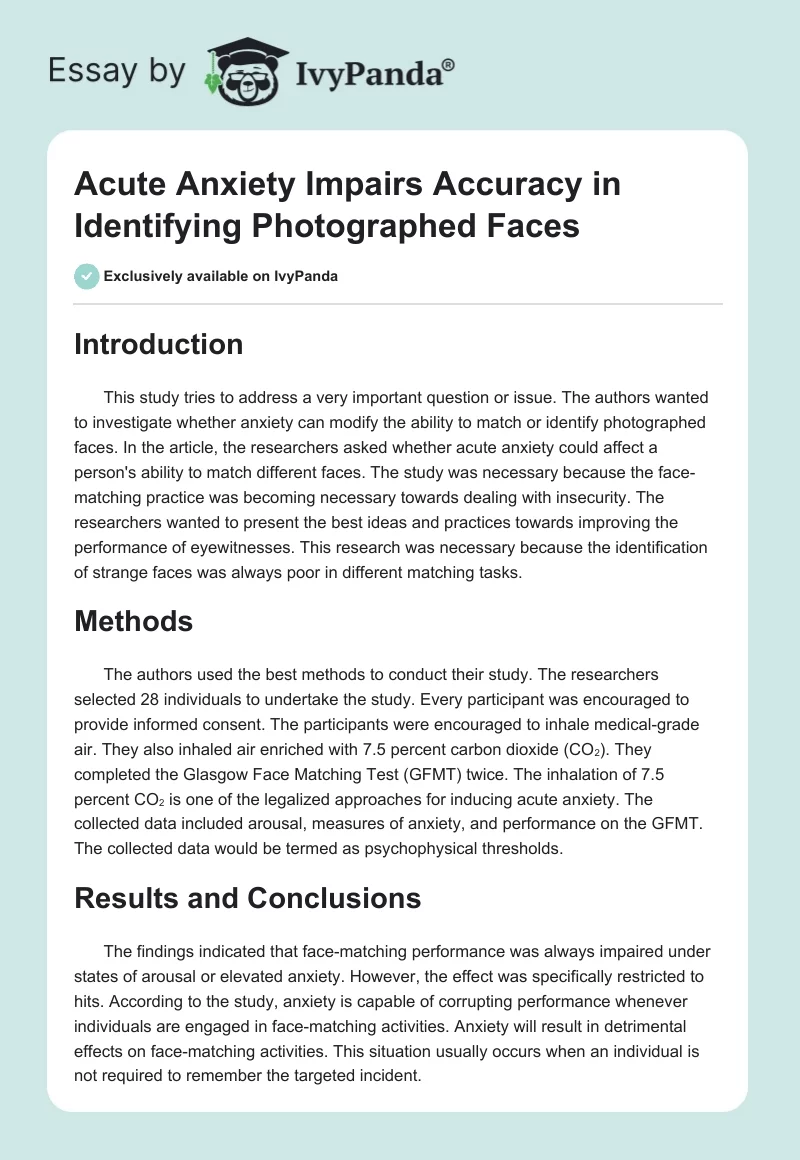 Acute Anxiety Impairs Accuracy in Identifying Photographed Faces. Page 1