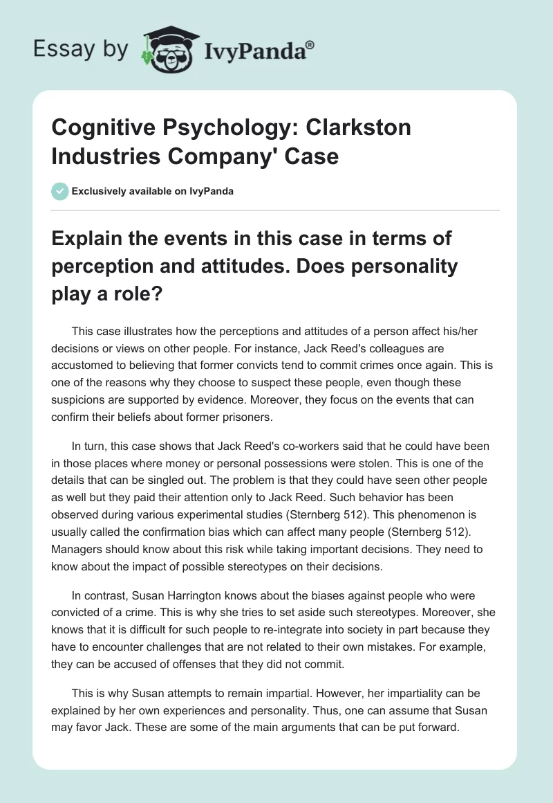 Cognitive Psychology: Clarkston Industries Company' Case. Page 1