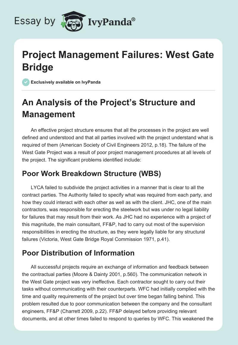 Project Management Failures: West Gate Bridge. Page 1