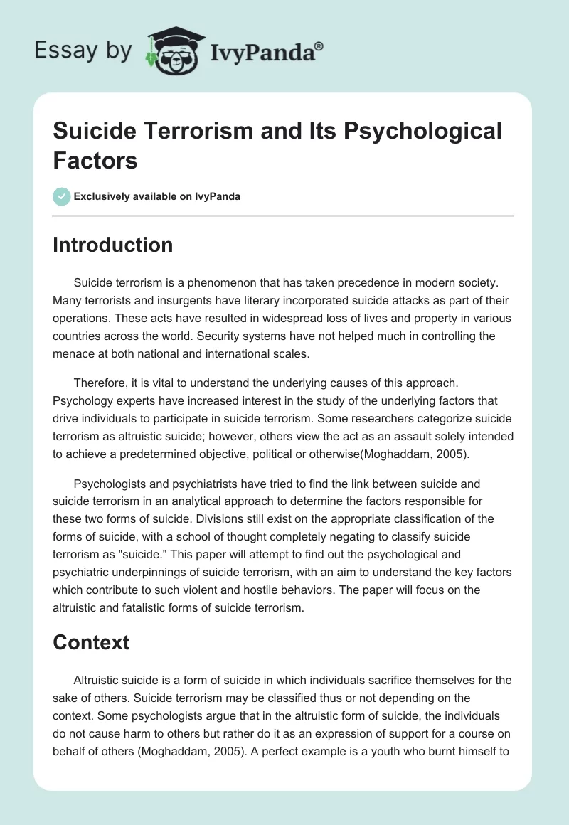 Suicide Terrorism and Its Psychological Factors. Page 1
