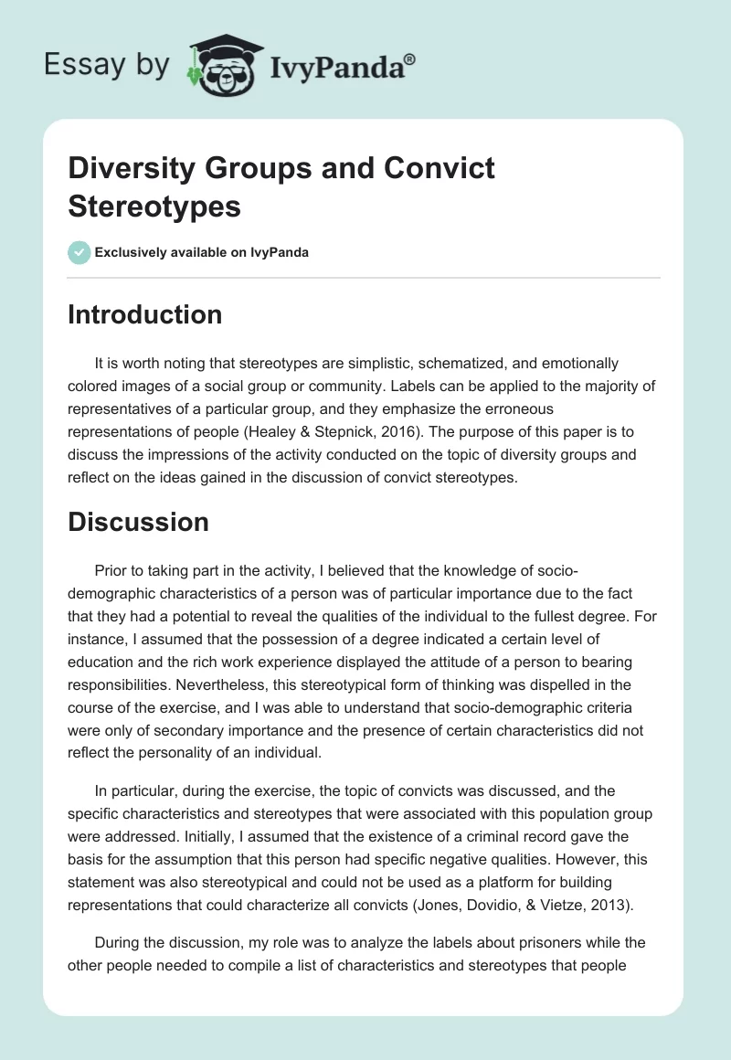 Diversity Groups and Convict Stereotypes. Page 1