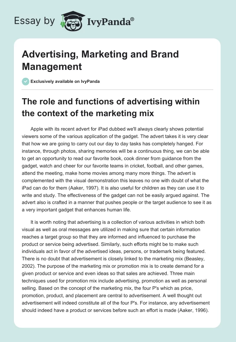 Advertising, Marketing and Brand Management. Page 1
