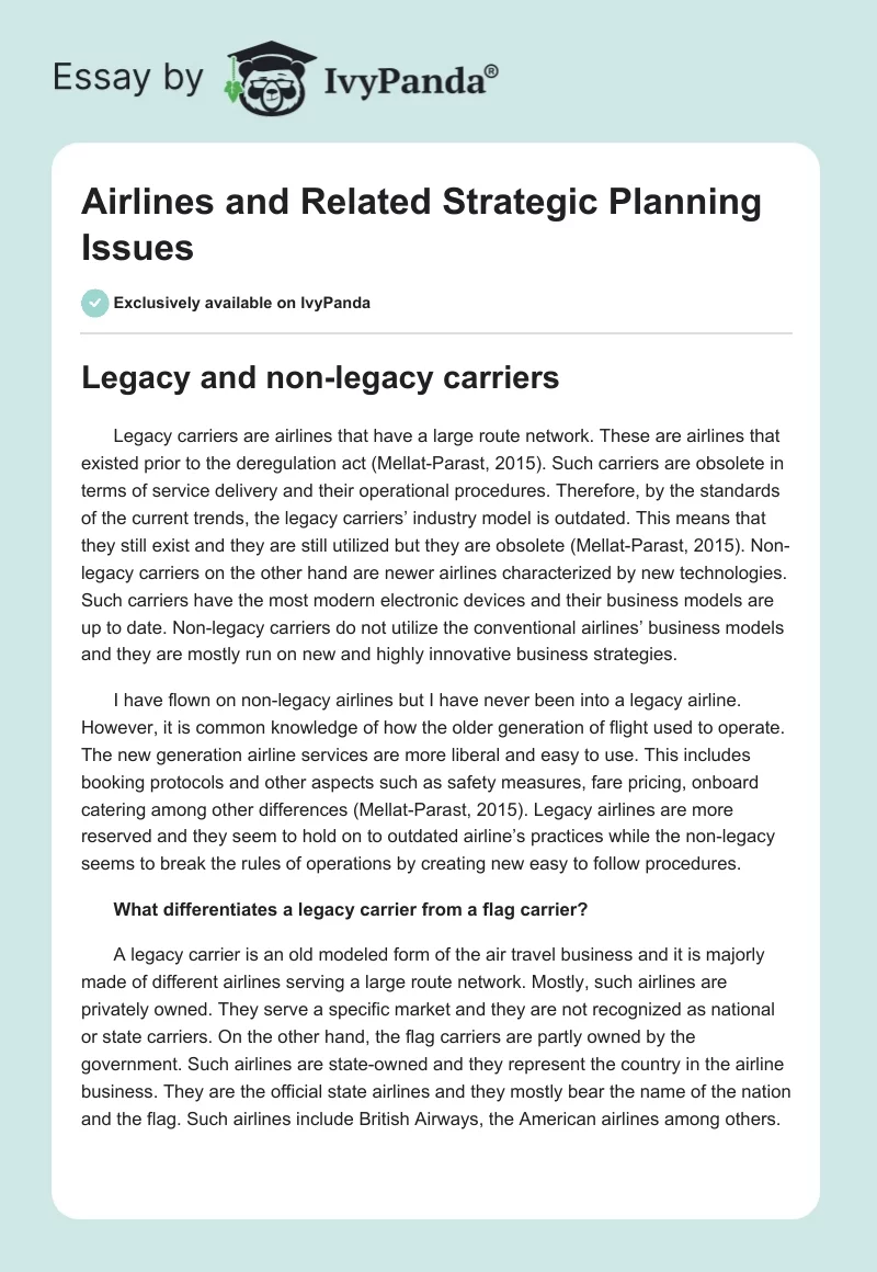 Airlines and Related Strategic Planning Issues. Page 1