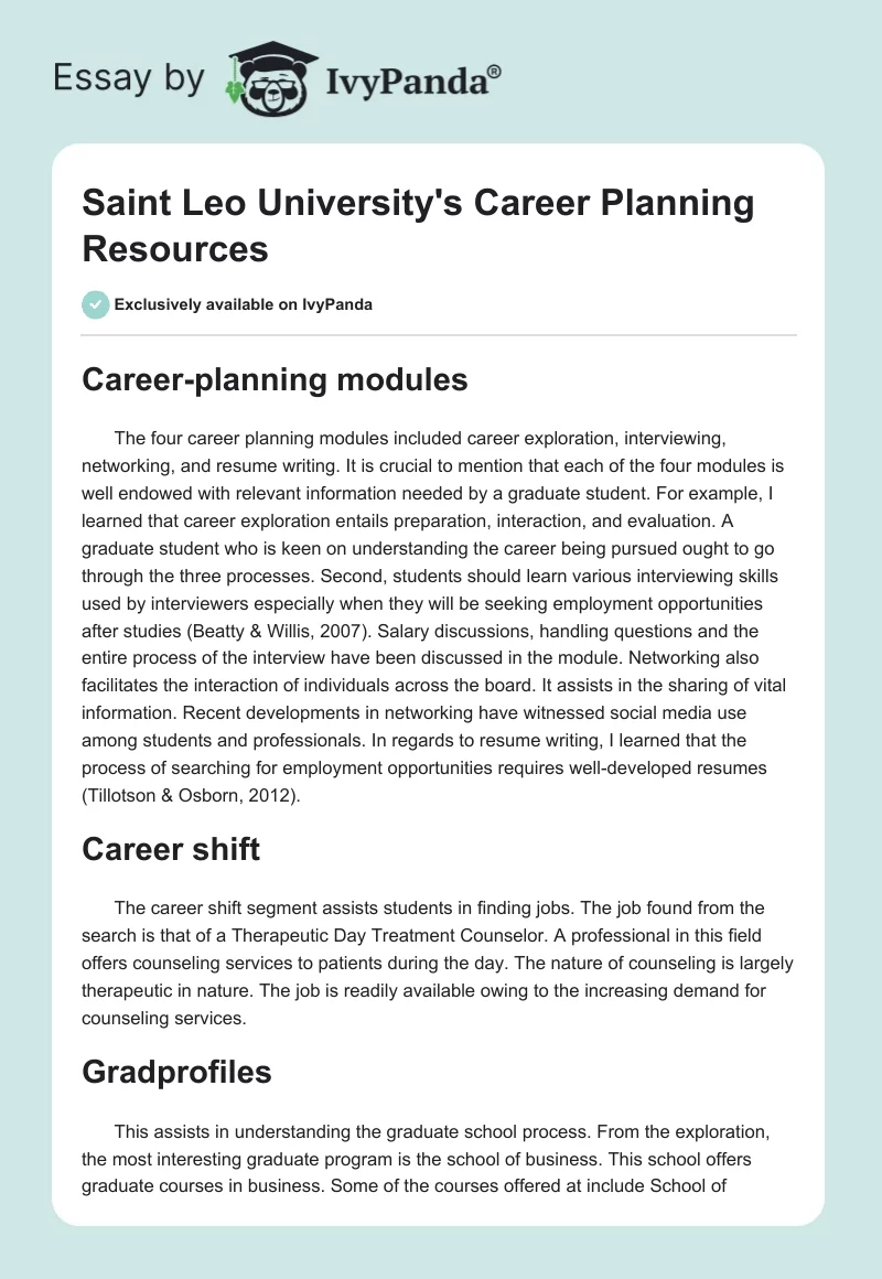 Saint Leo University's Career Planning Resources. Page 1