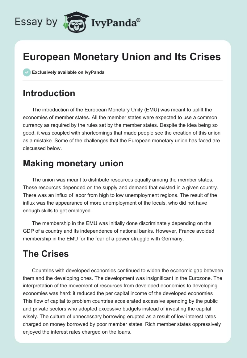 European Monetary Union and Its Crises. Page 1