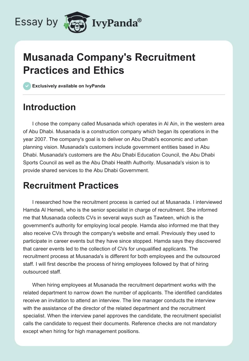 Musanada Company's Recruitment Practices and Ethics. Page 1