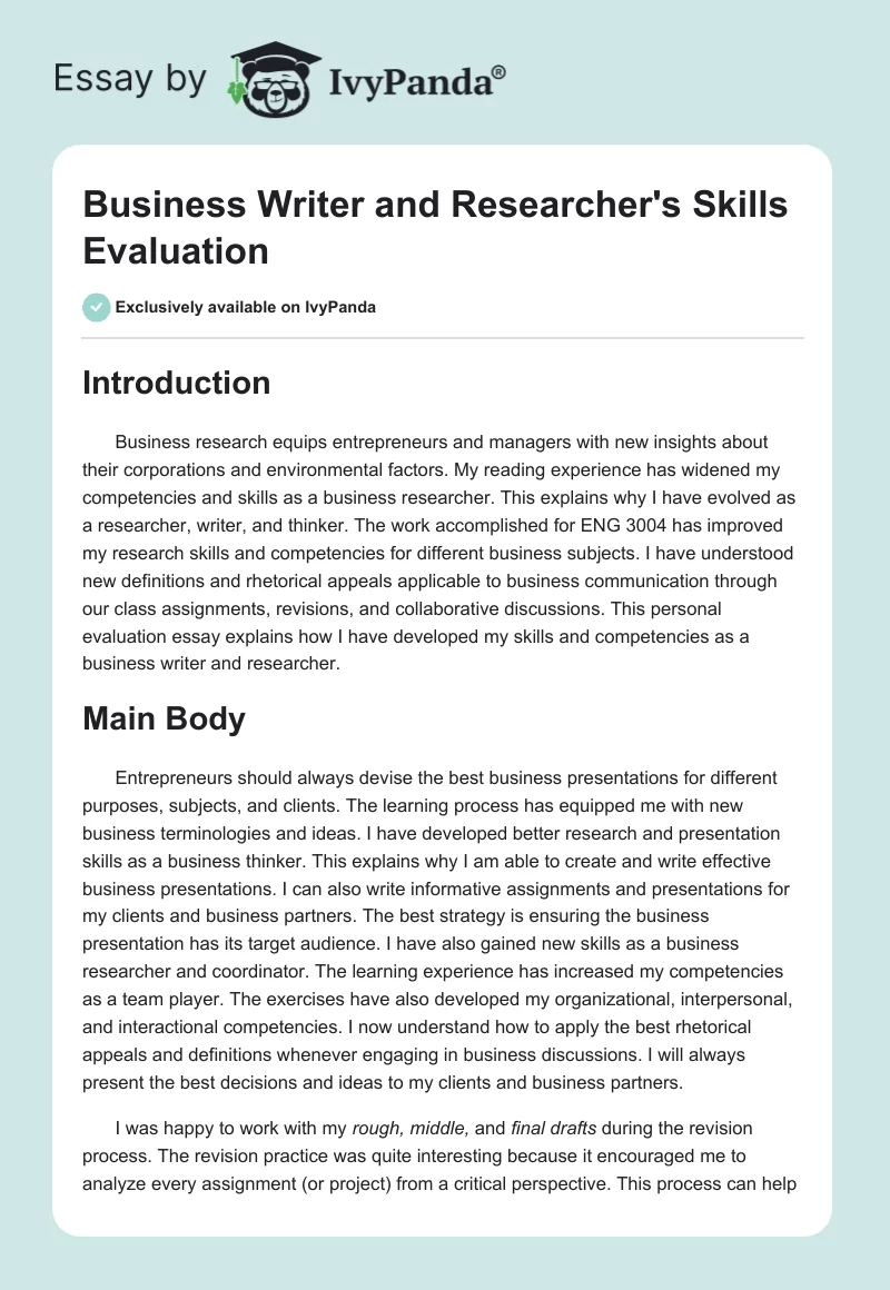 Business Writer and Researcher's Skills Evaluation. Page 1