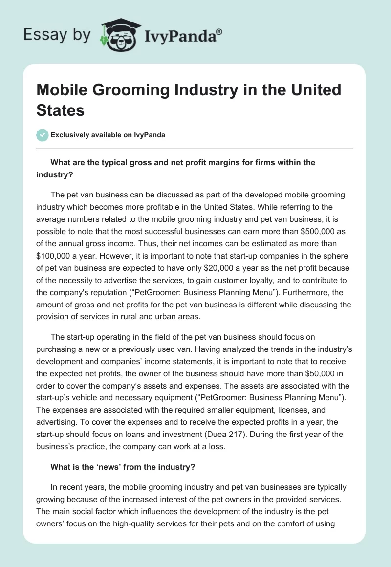 Mobile Grooming Industry in the United States. Page 1