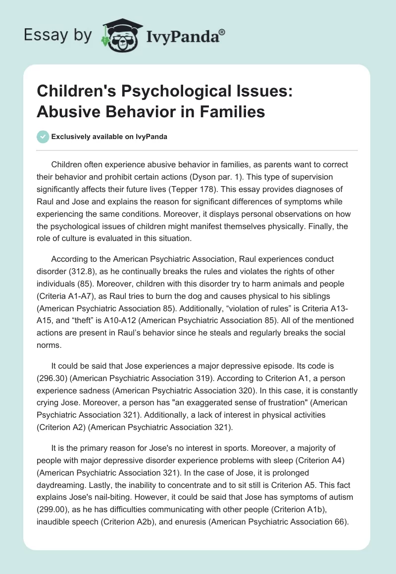Children's Psychological Issues: Abusive Behavior in Families. Page 1