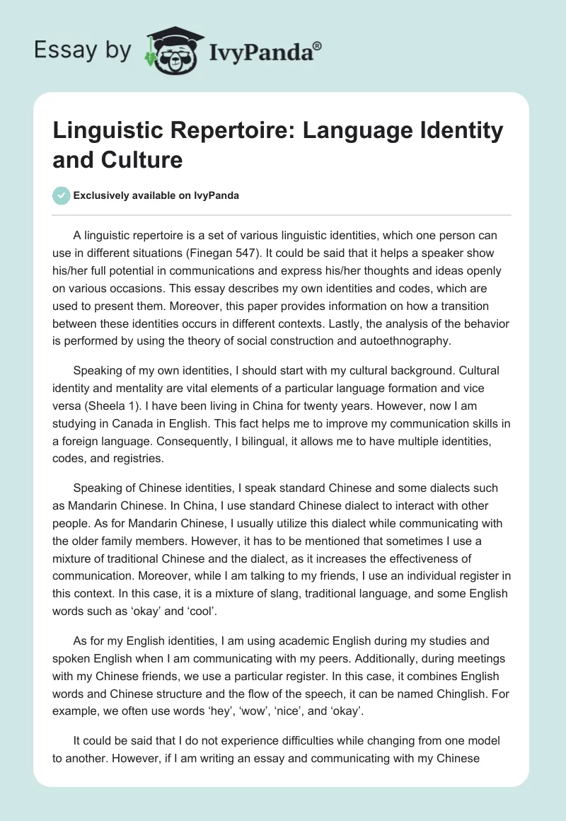 Linguistic Repertoire: Language Identity and Culture. Page 1