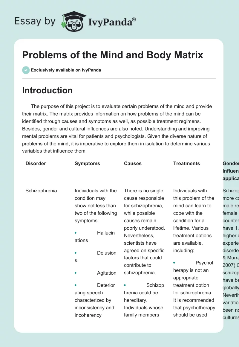 Problems of the Mind and Body Matrix. Page 1