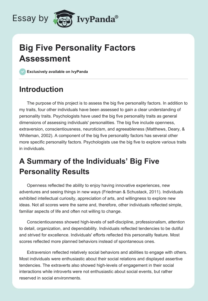 Big Five Personality Factors Assessment. Page 1