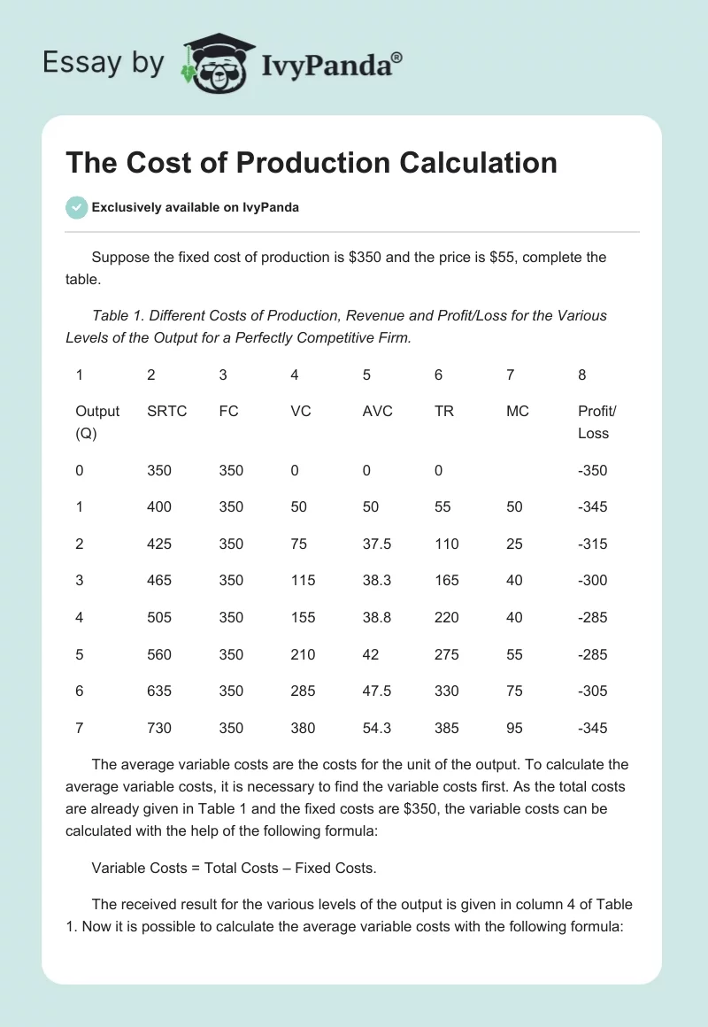 The Cost of Production Calculation. Page 1
