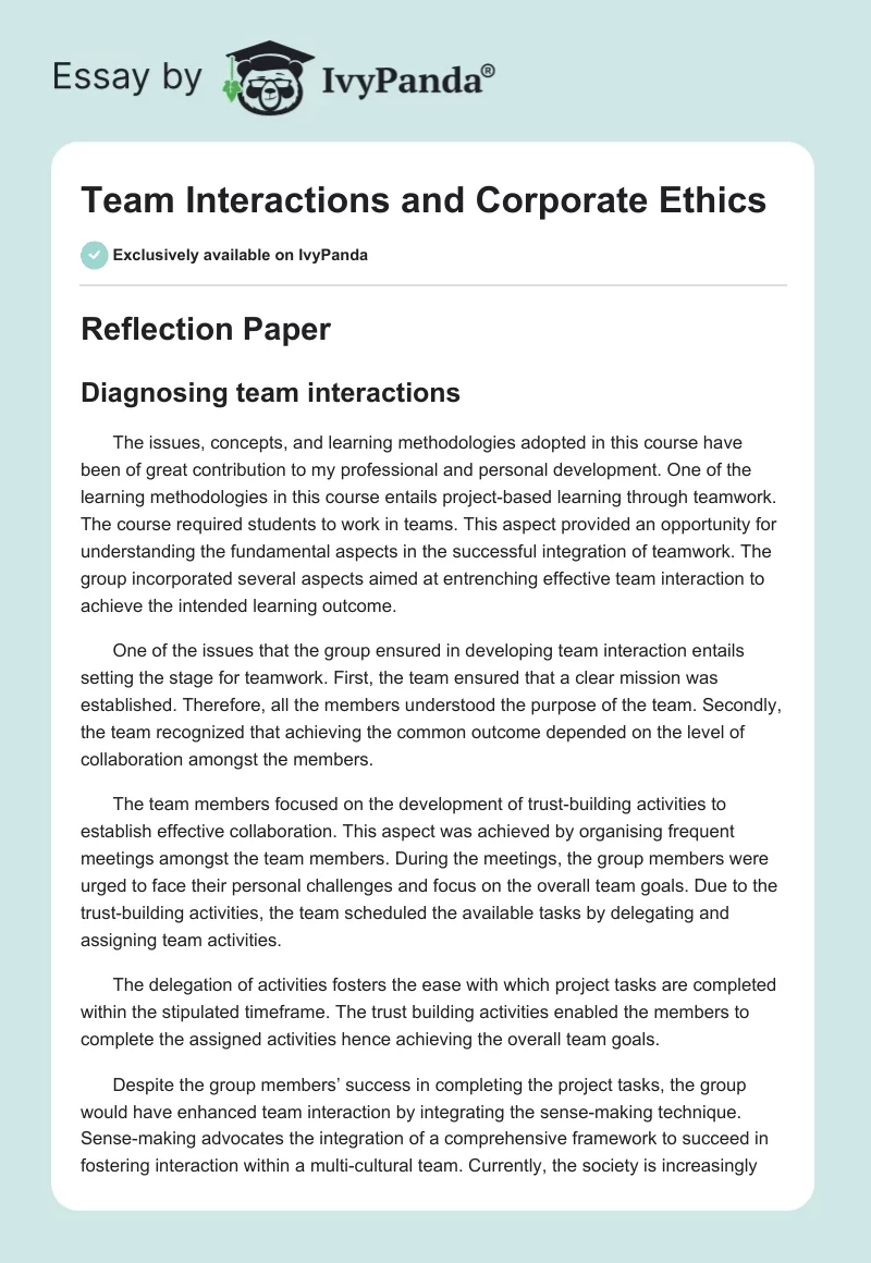 Team Interactions and Corporate Ethics. Page 1