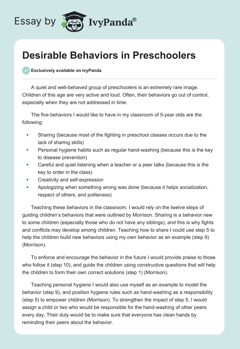 Desirable Behaviors in Preschoolers. Page 1