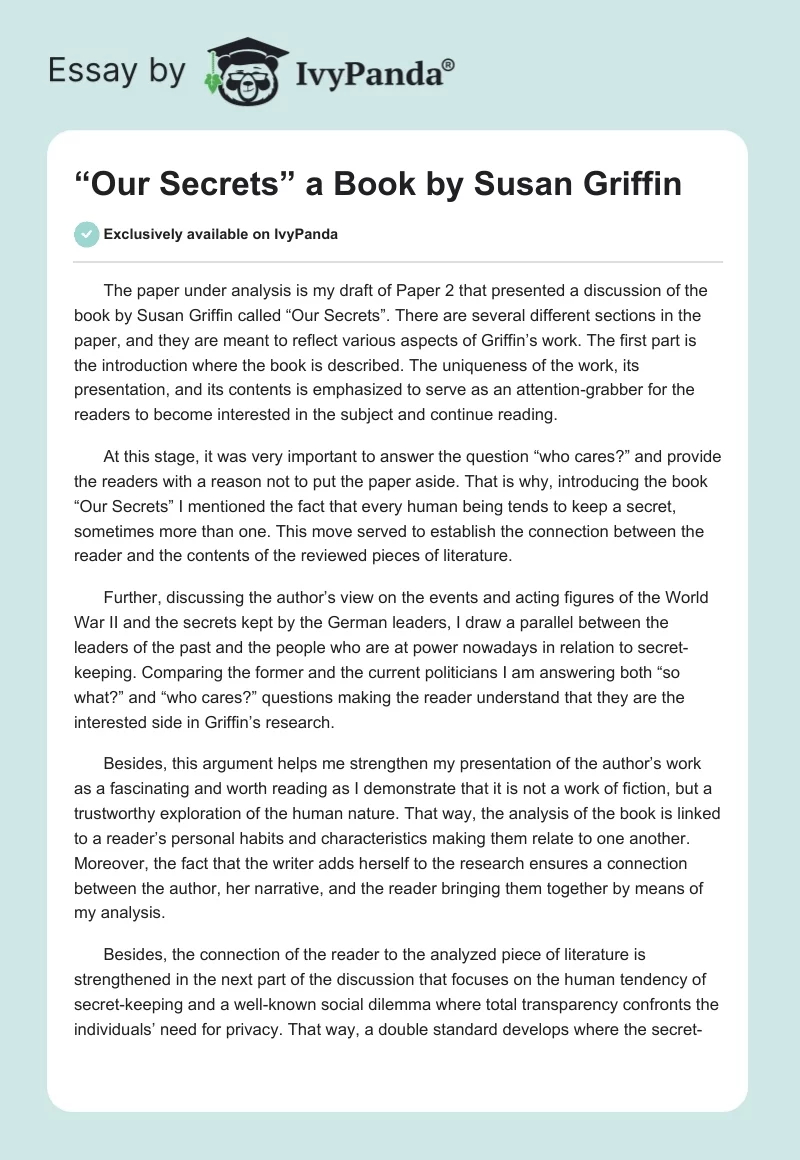 “Our Secrets” a Book by Susan Griffin. Page 1
