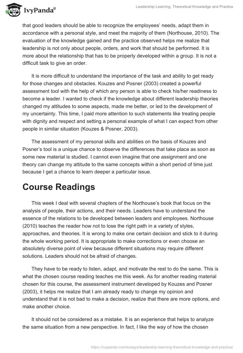 Leadership Learning: Theoretical Knowledge and Practice. Page 2