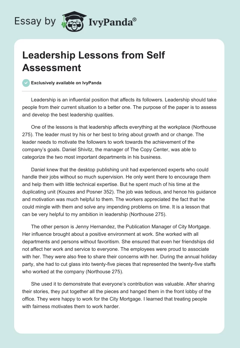 Leadership Lessons from Self Assessment. Page 1