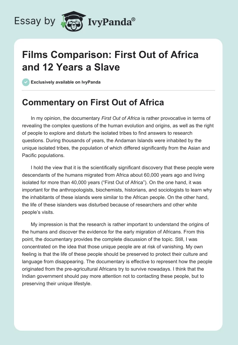 Films Comparison: First Out of Africa and 12 Years a Slave. Page 1
