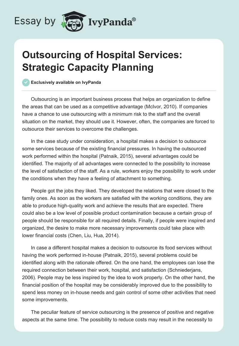 Outsourcing of Hospital Services: Strategic Capacity Planning. Page 1